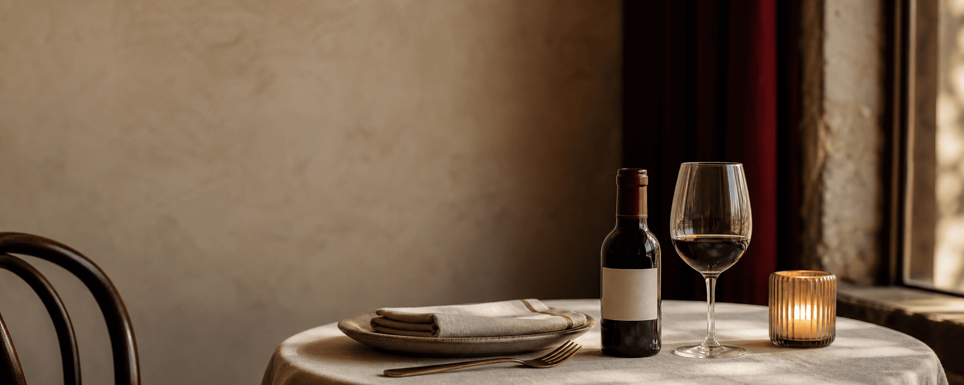 A 375 ml half bottle, one glass of red wine, and a place set for dinner